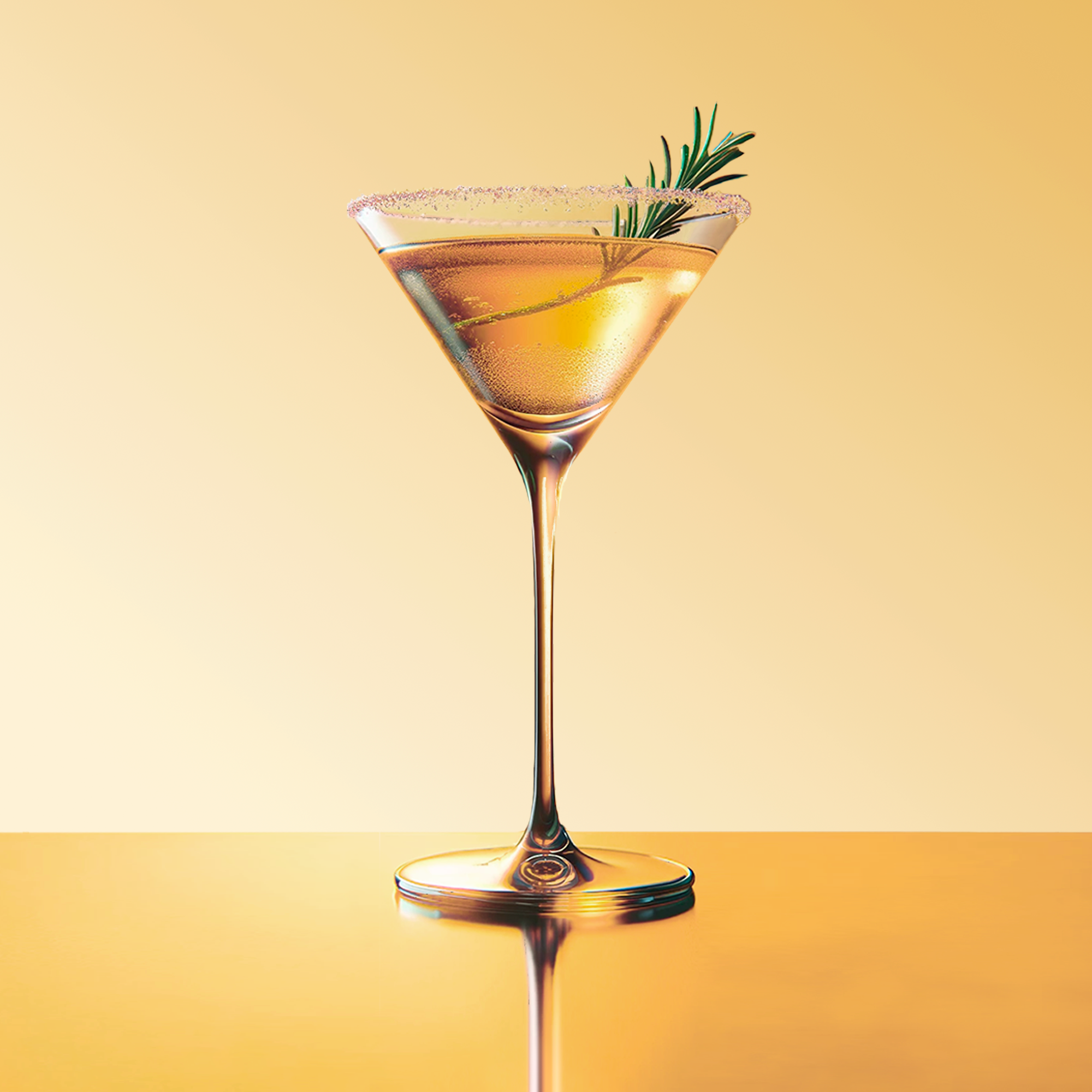 Martini glass filled with orange fizzy beverage. rosemary sprig garnish. orange background. salted rim