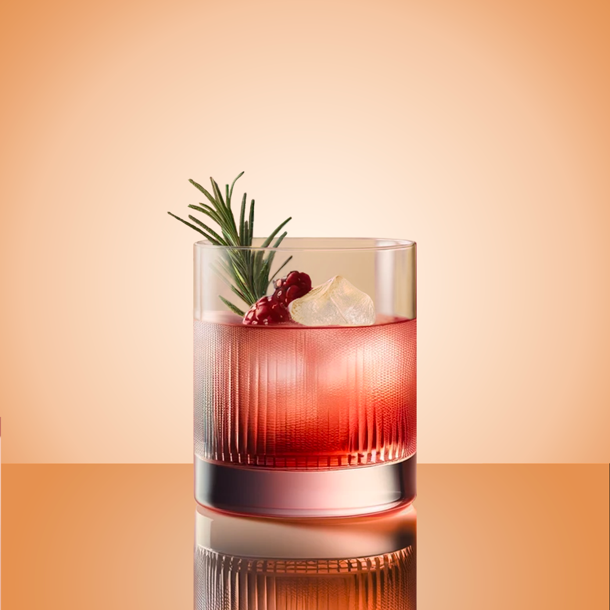Bramble cocktail in a whisky glass with blackberry and rosemary garnish. Pink beverage and orange gradient background