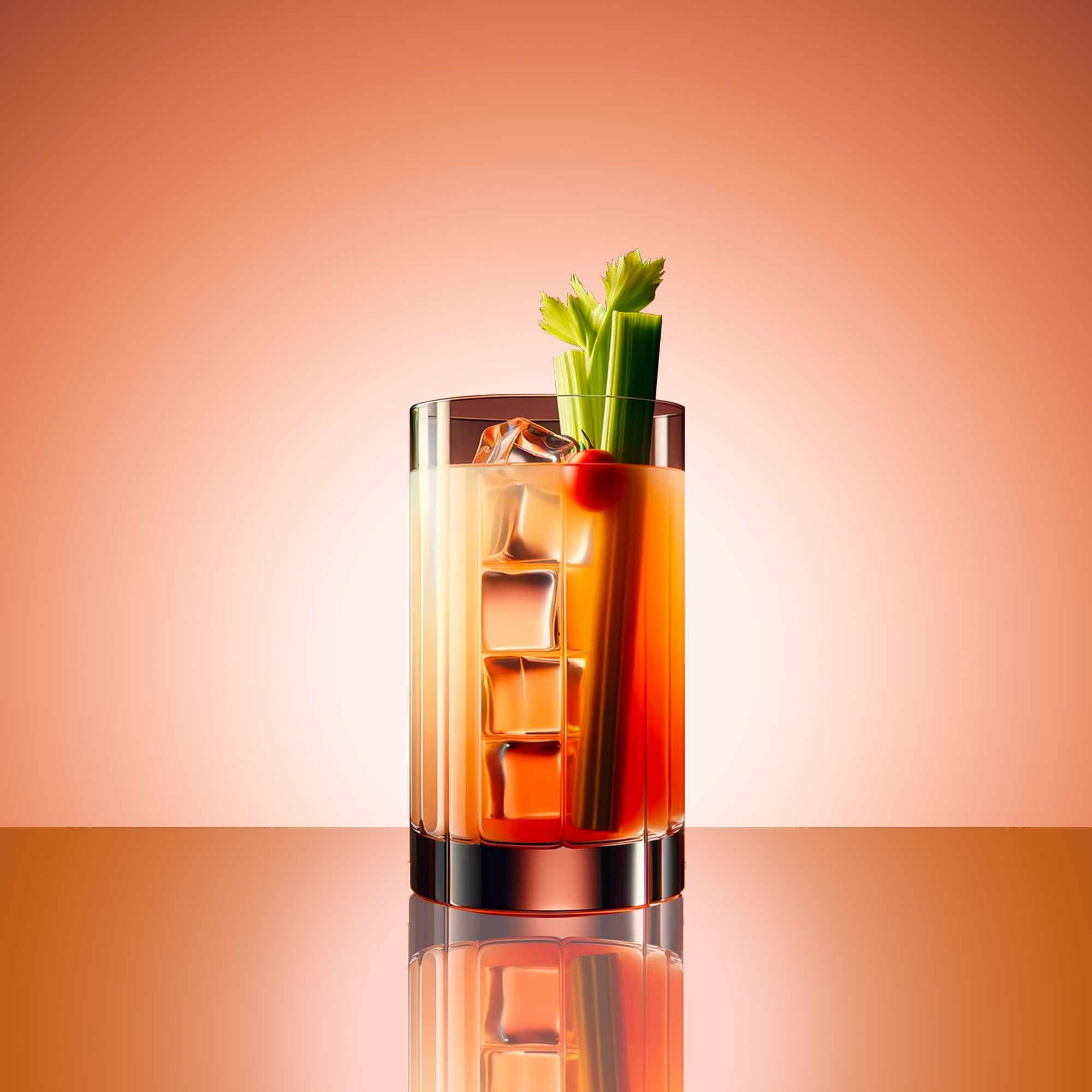 Bloody Mary in a tall glass with celery stick and cherry tomato. Crimson background and surface