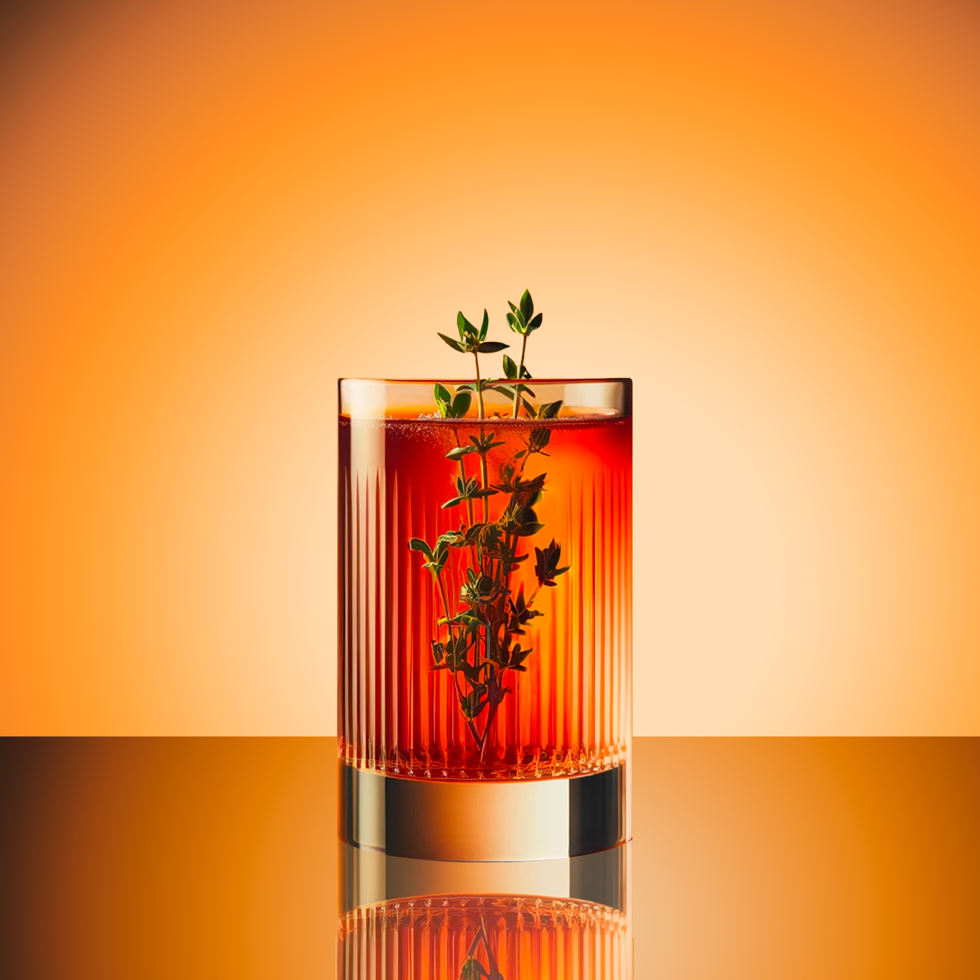 Cocktail Garibaldi with Campari. Blood orange or red beverage with thyme sprig. Brown gradient background