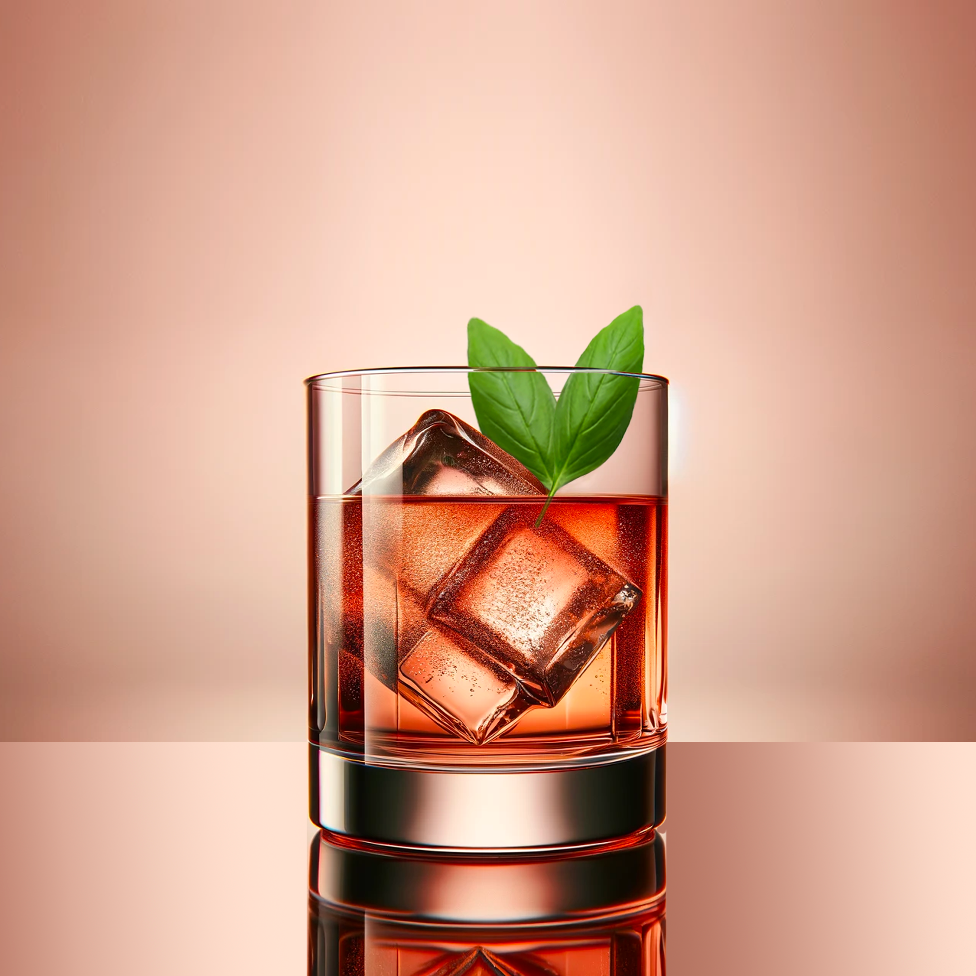 a Pierre Collins cocktail on ice in a whisky old fashioned glass. Pink cocktail with two basil leaves as garnish. blush pink background