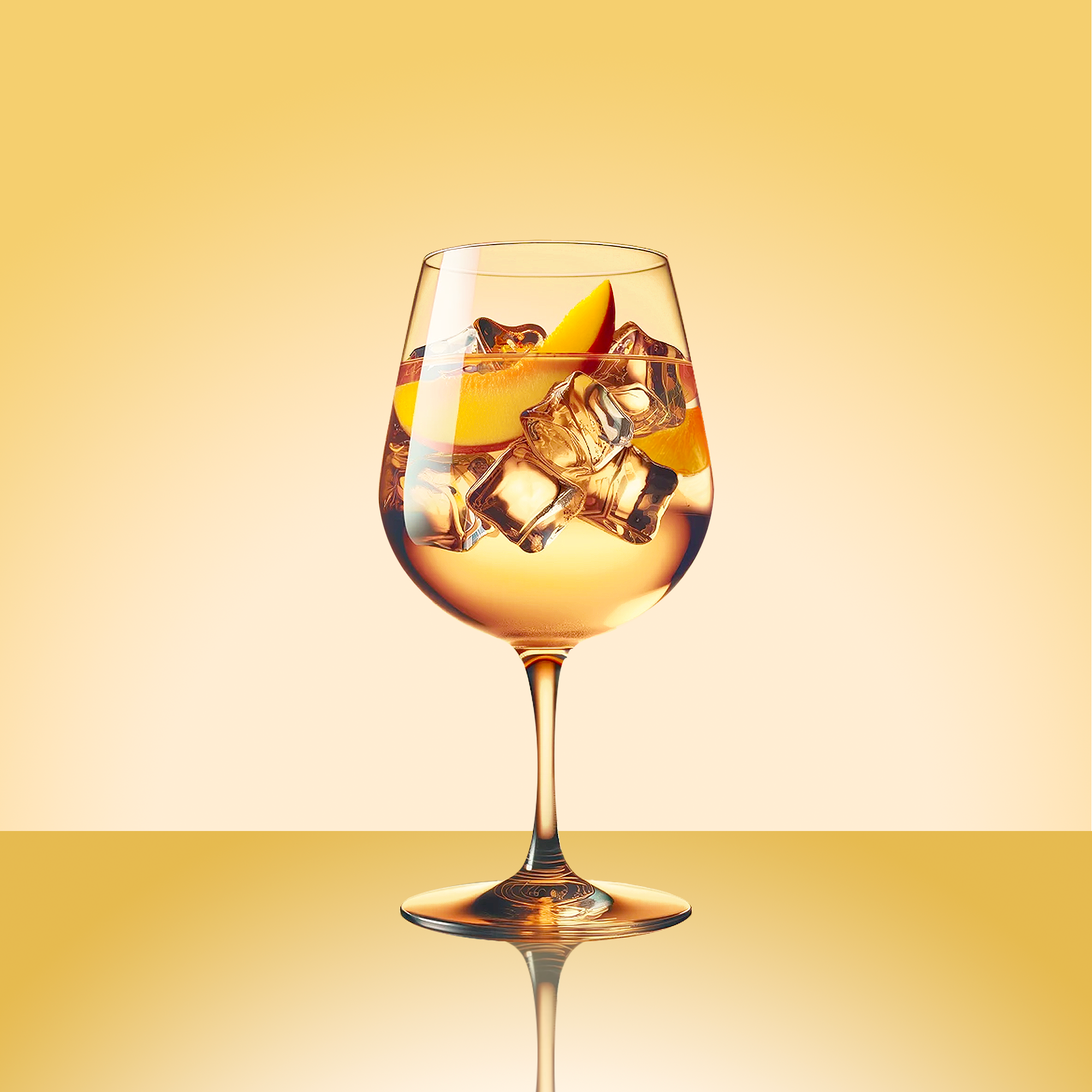 Sangria with pieces of peaches and oranges. see-through light yellow beverage on yellow gradient background