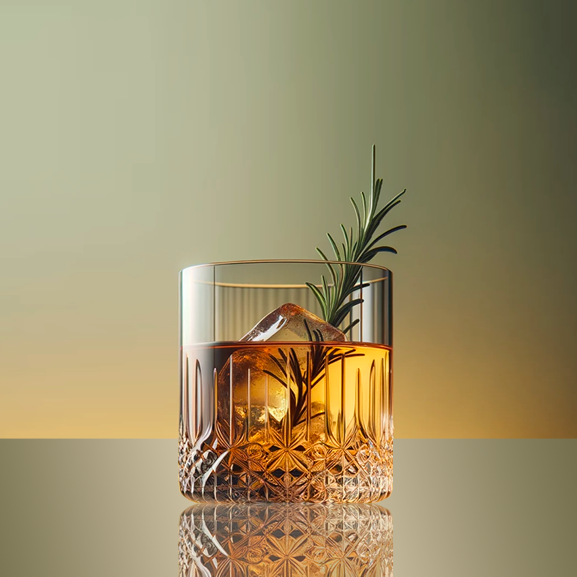 Spritz with a twist on ice with a rosemary sprig garnish. green background and amber beverage.