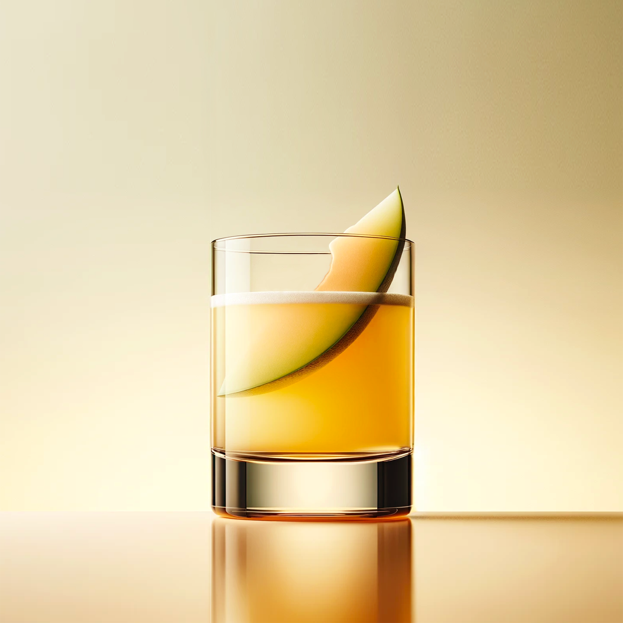 Tom Collins in a whisky old fashioned glass. Beverage is orange and has melon inside. Background is muted orange and yellow